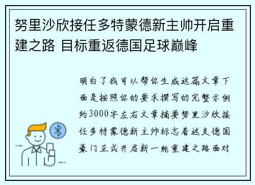 努里沙欣接任多特蒙德新主帅开启重建之路 目标重返德国足球巅峰 努里沙欣接任多特蒙德新主帅开启重建之路 目标重返德国足球巅峰