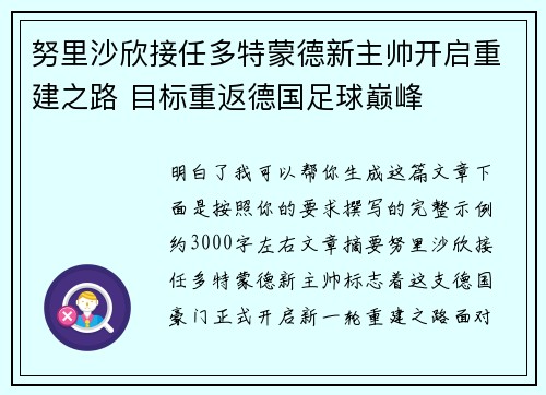 努里沙欣接任多特蒙德新主帅开启重建之路 目标重返德国足球巅峰